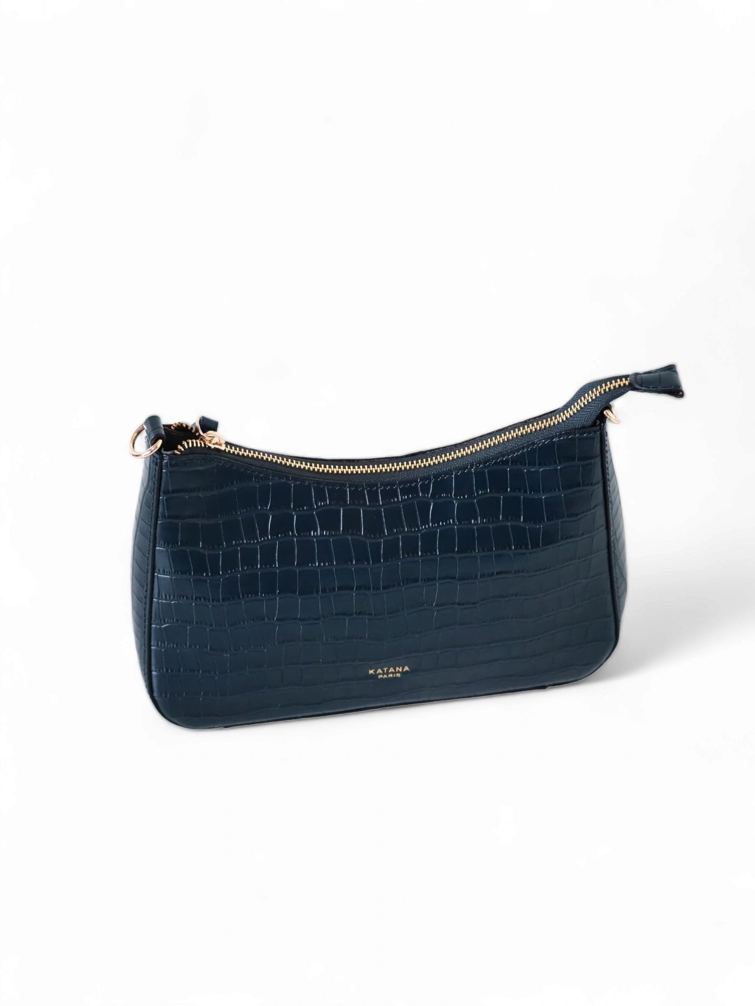 Sac à main croco baguette bleu en cuir finition dorée